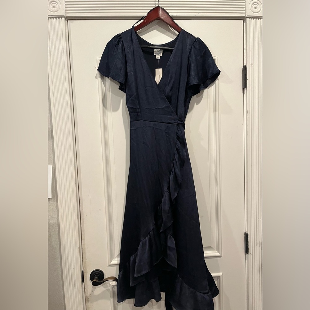Blue satin midi wrap dress